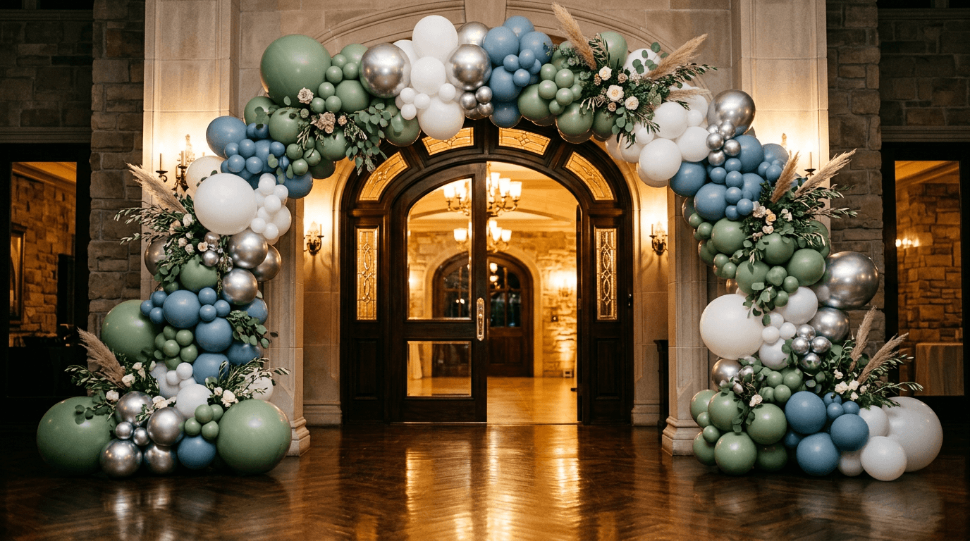 Organic balloon arch in sage green, dusty blue, and chrome silver framing a grand entrance