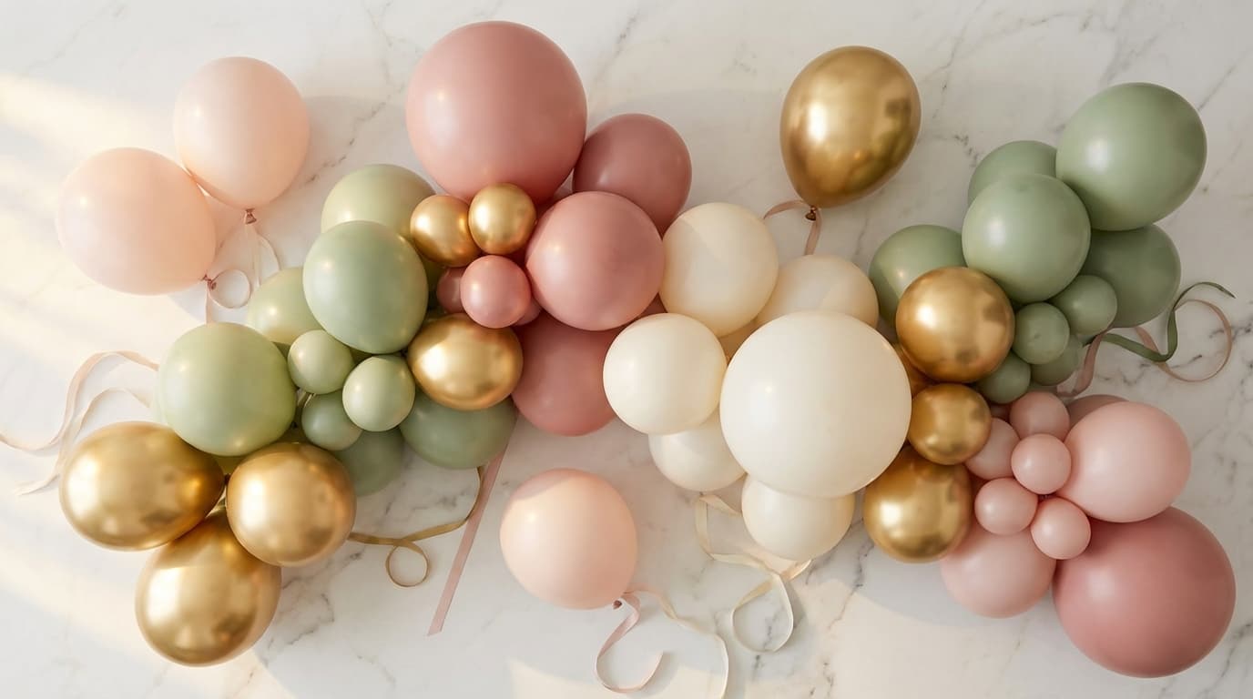 Elegant balloon color palette with blush, sage, gold, and ivory balloons on marble