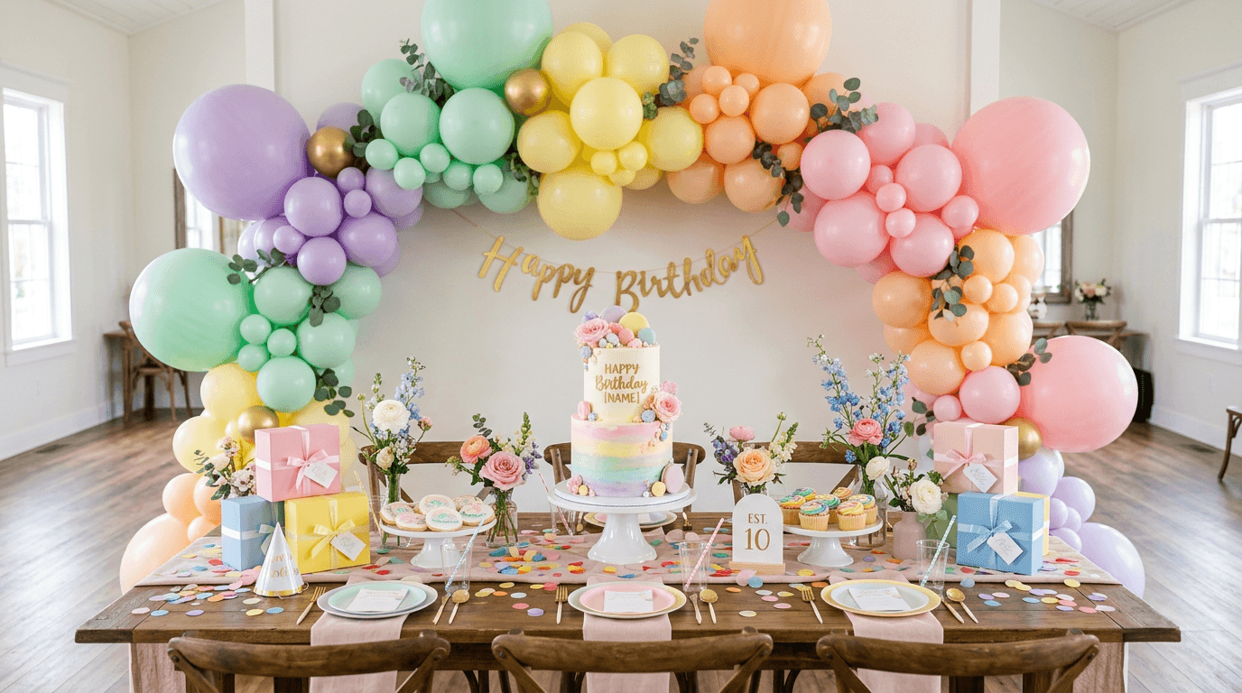 Pastel rainbow balloon garland over a beautifully styled birthday party table with cake and confetti