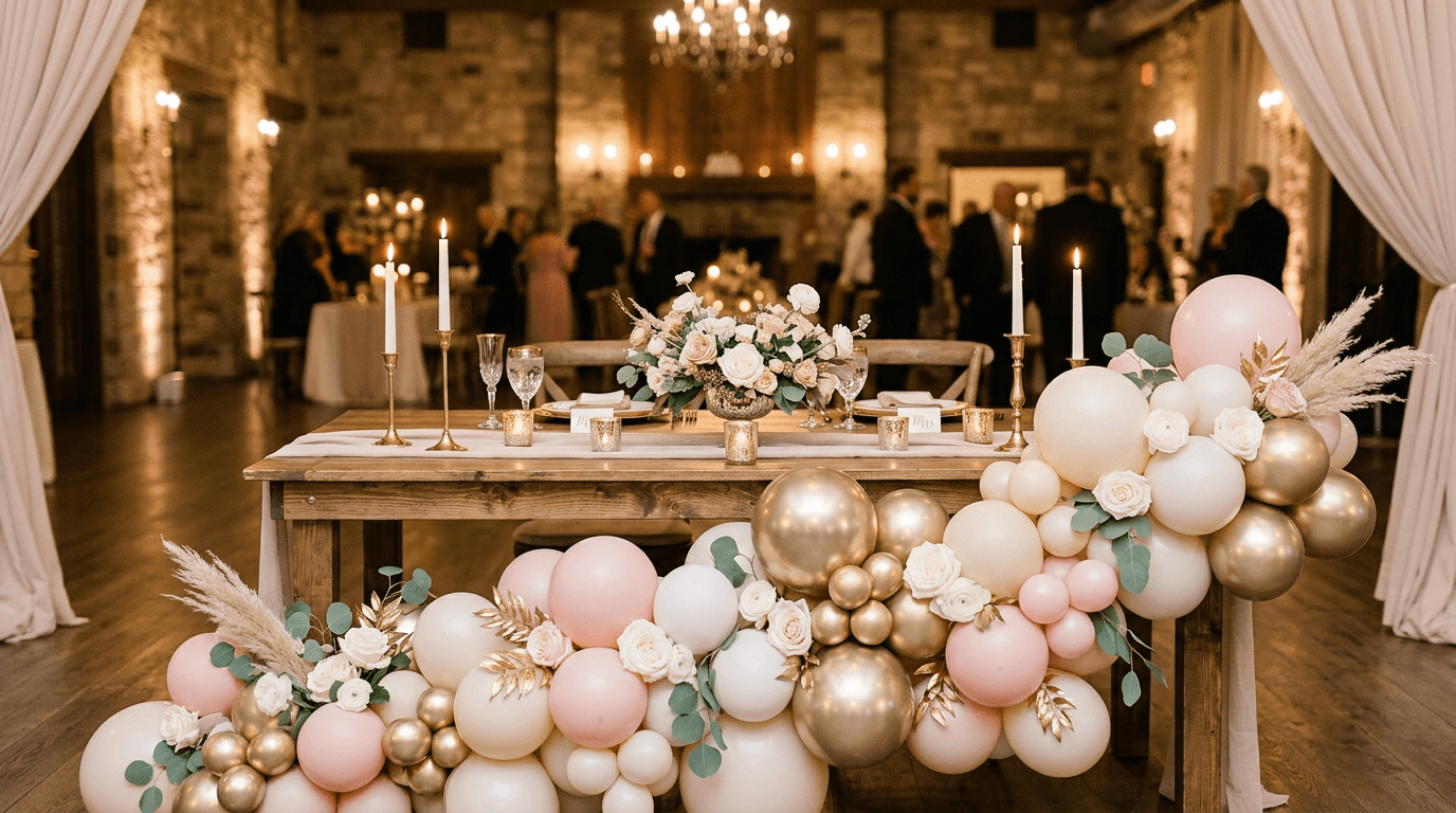 Blush pink, white, and gold balloon garland draped along a rustic sweetheart table at a luxury venue
