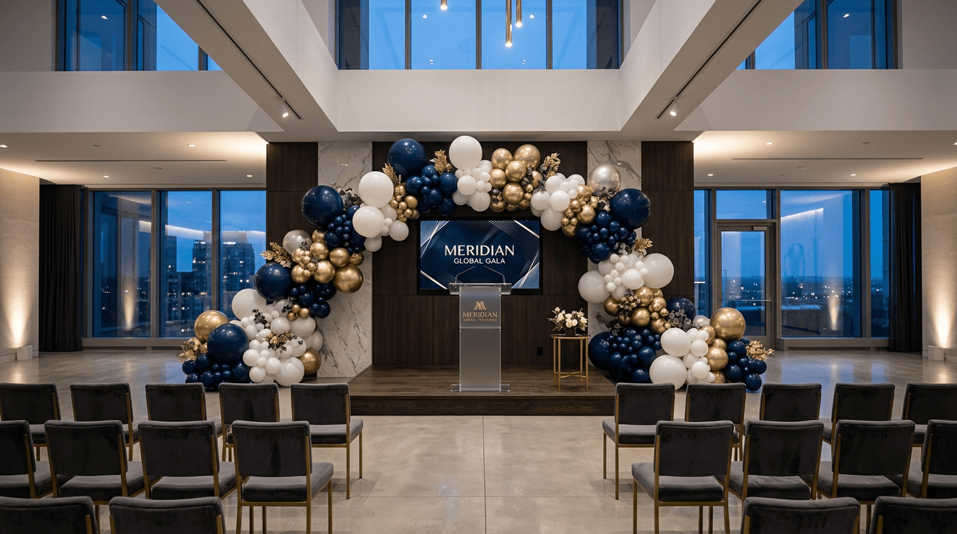 Sophisticated navy, white, and gold balloon installation framing a corporate event stage