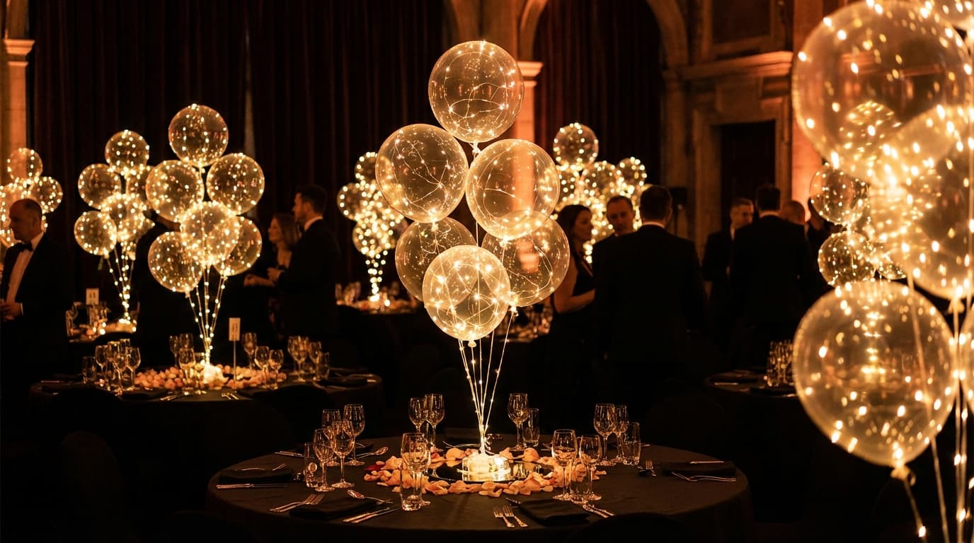 LED balloon centerpieces glowing warmly at an upscale evening event