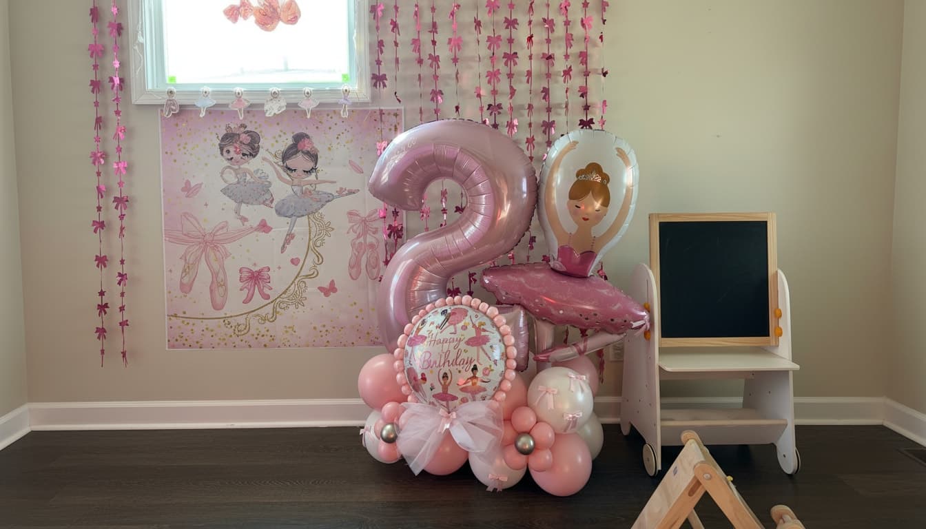 Pink ballerina themed 2nd birthday balloon tower