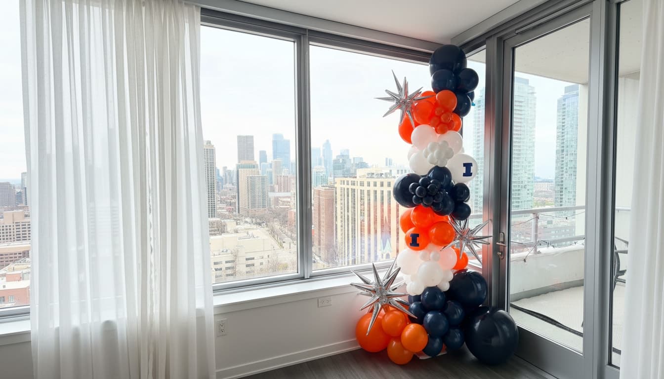 Orange and navy Illini balloon column by a Chicago skyline window